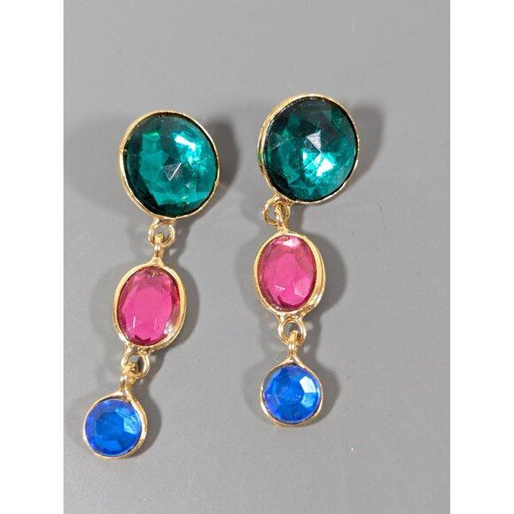 Retro Jewel Tone Dangle Earrings Gold Tone Green Pink Blue Bold Statement - Picture 2 of 8